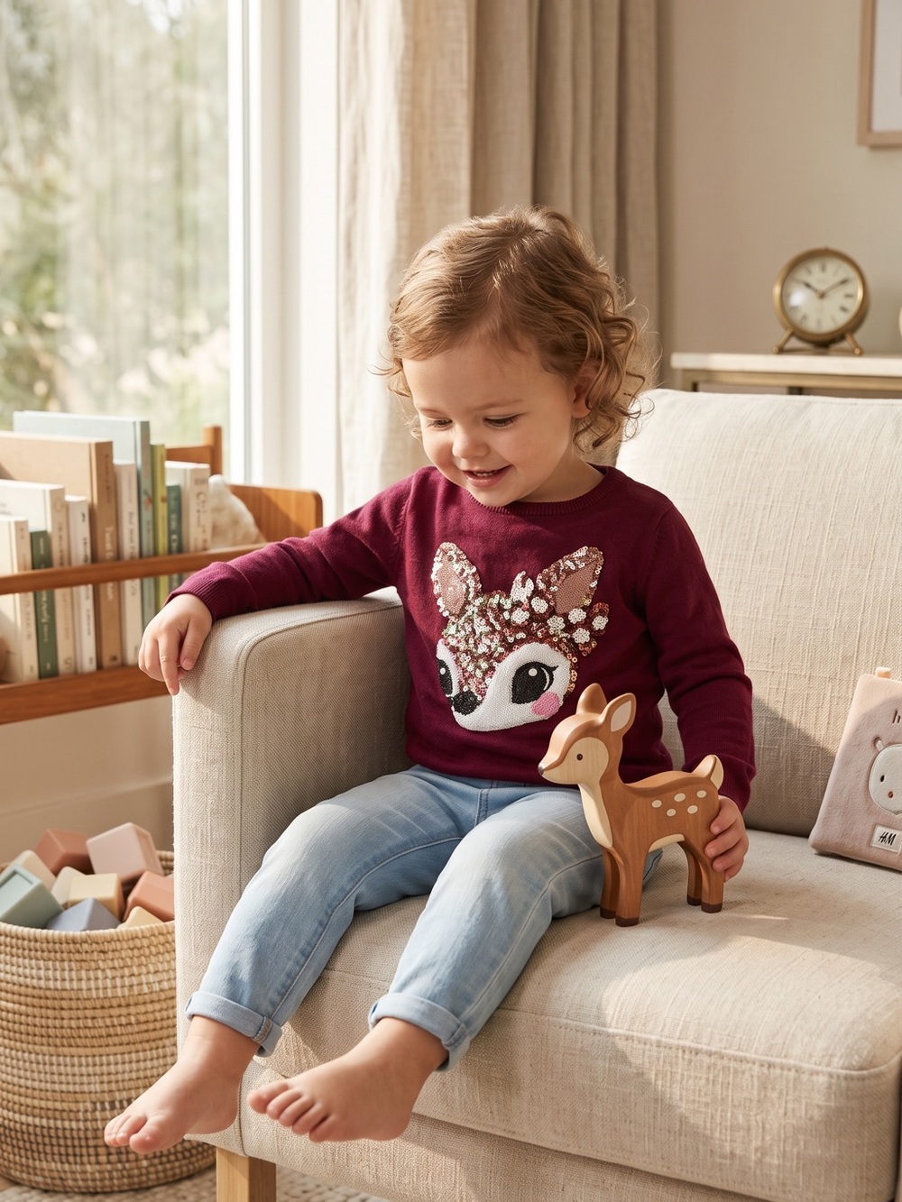 H&M Girls' Burgundy Deer Sequin Knit Sweater